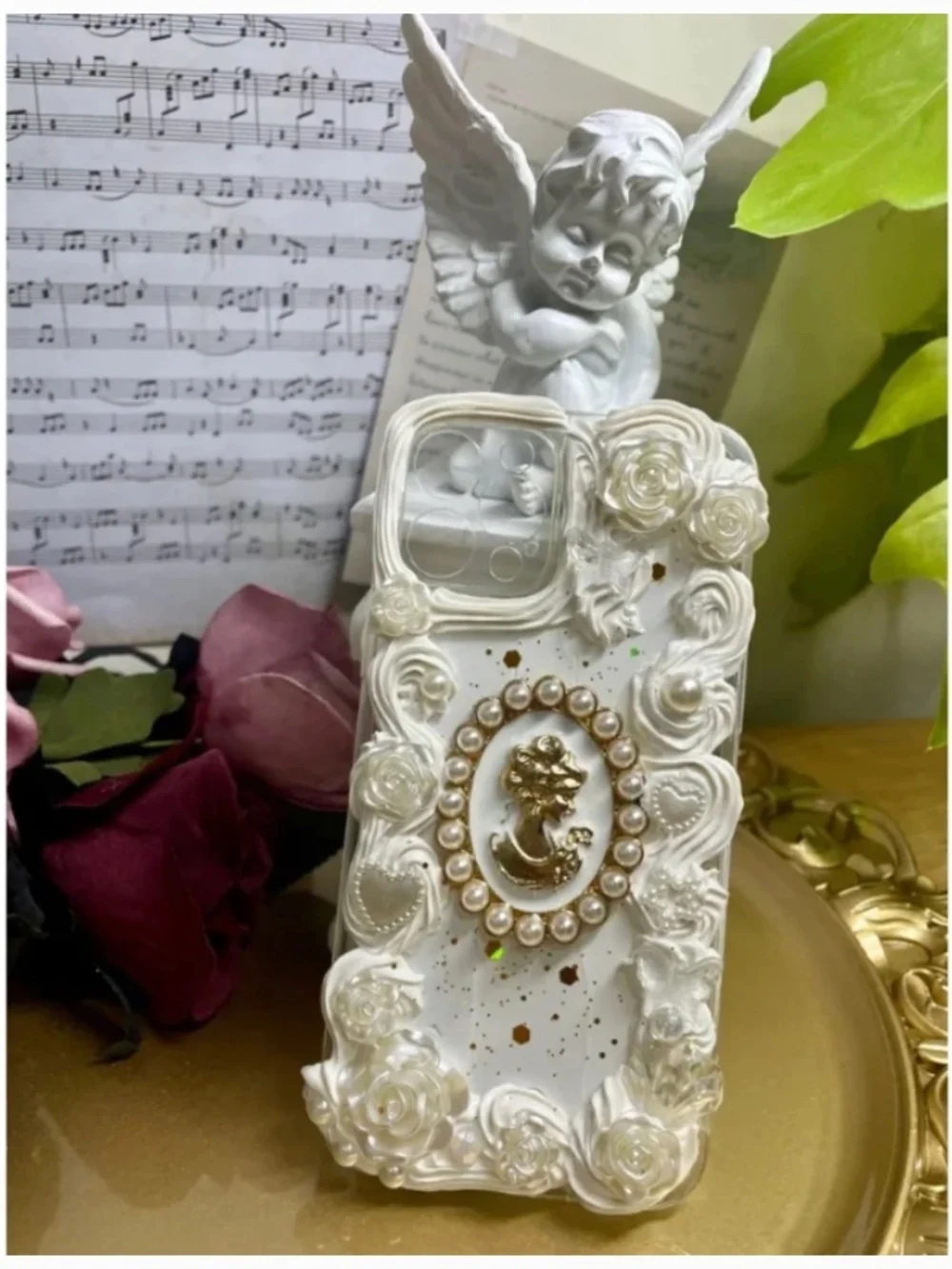 iPhone 12pro Baroque Phone Case, Handmade Vintage case with free beads chain